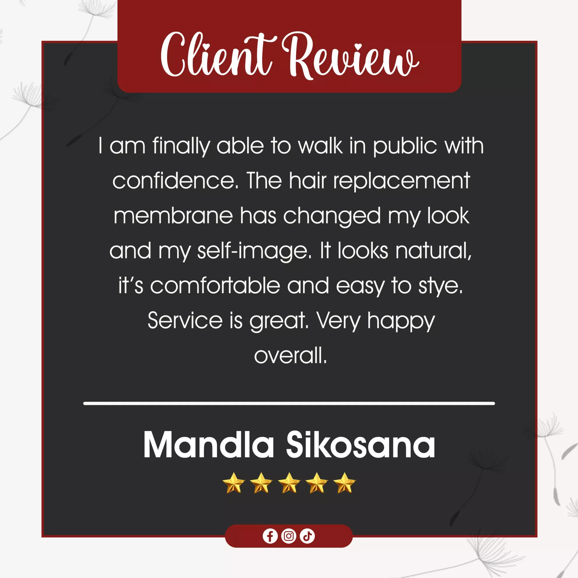 non-surgical hair replacement testimonial Grace Follicles Durban Johannesburg natural hair system results confidence hair loss solution review South Africa