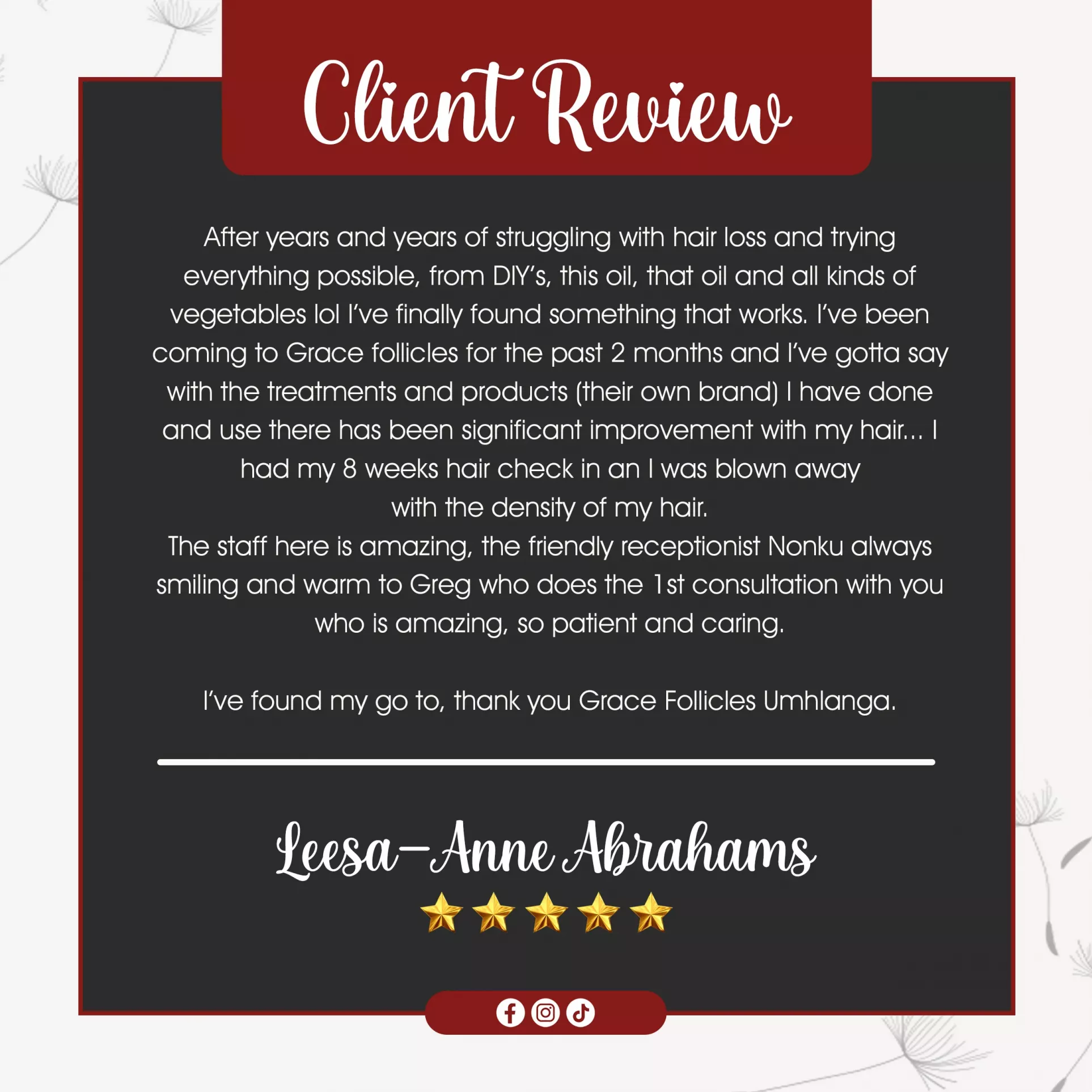 hair loss treatment testimonial Grace Follicles Umhlanga Durban hair regrowth results 8 weeks progress scalp density improvement review South Africa clinic